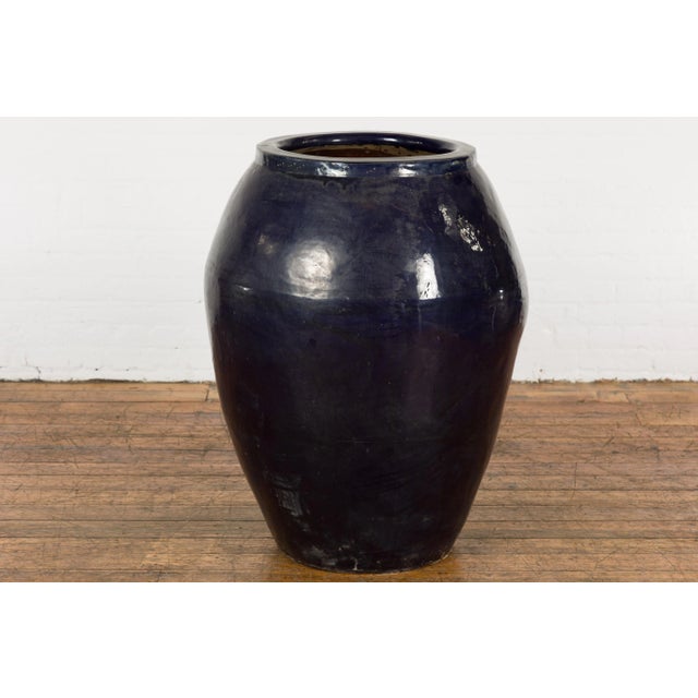Ceramic Oversized Vintage Thai Midnight Blue Glazed Water Vessel with Tapering Lines For Sale - Image 7 of 13