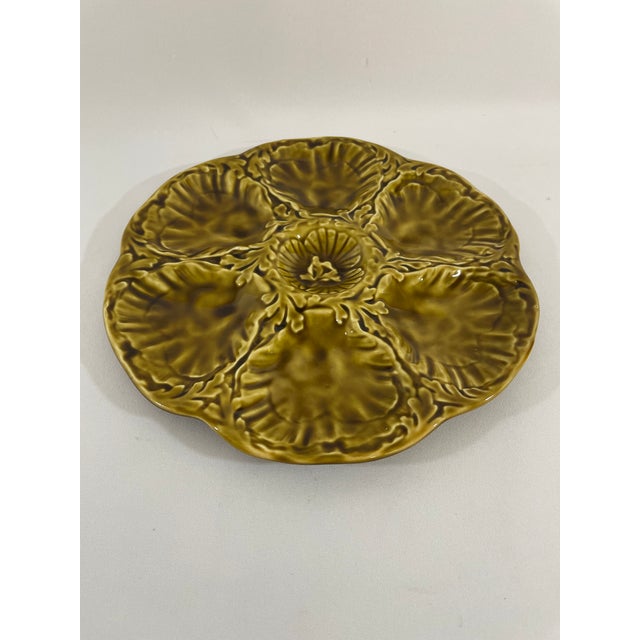1950s 1950s French Gien Majolica Olive Green Oyster Plate For Sale - Image 5 of 16