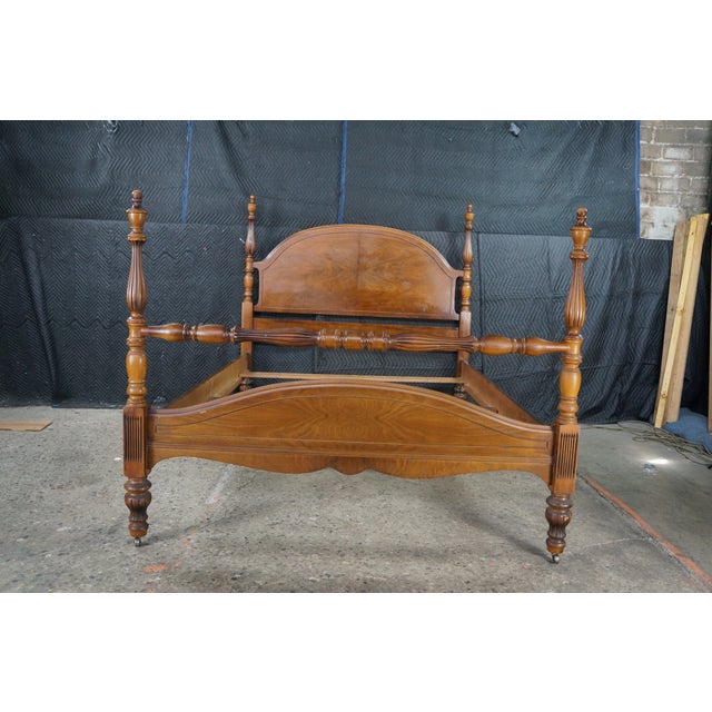 1940s Vintage Federal Sheraton Revival 4 Post Matchbook Walnut Full Size Bed Frame For Sale - Image 5 of 18