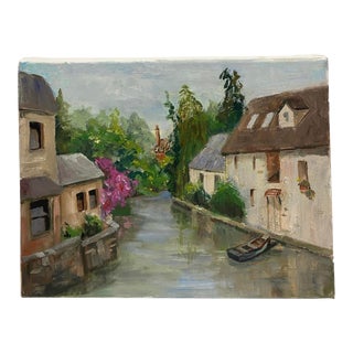 European Village on Waterway, Oil Painting For Sale