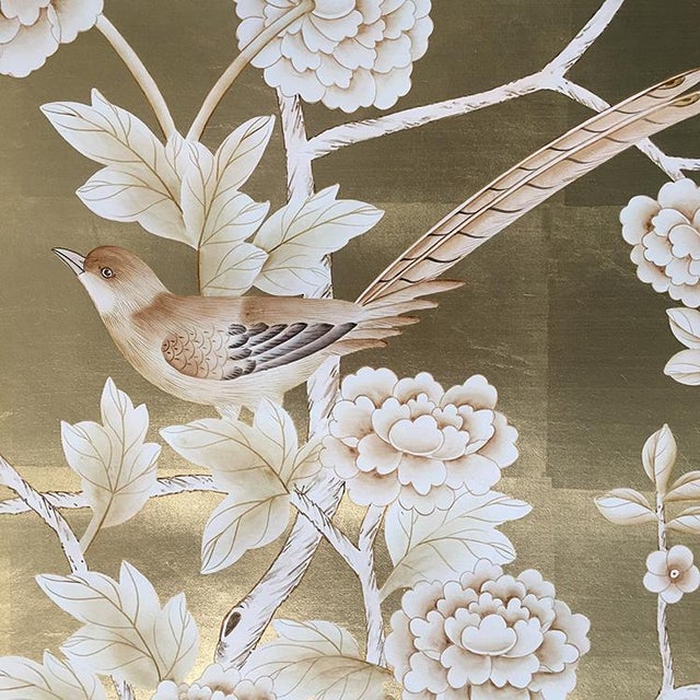 Silver Leaf Chinoiserie Hand-Painted Pale Blue Peony & Bird Wall Panels (Set of 5) For Sale - Image 11 of 15