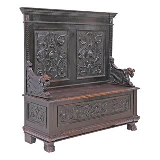 1800s Antique Hall Bench, Italian Ren Revival, Walnut, W/ Dragons, Storage!! For Sale