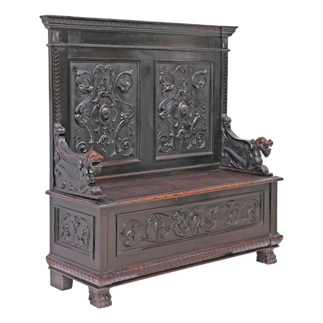 1800s Antique Hall Bench, Italian Ren Revival, Walnut, W/ Dragons, Storage!! For Sale