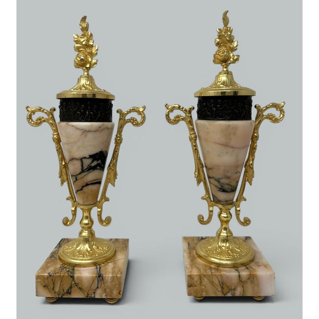 Pair French Regency Styl Giallo Sienna Marble Gilt Bronze Cassolettes Urns Vases For Sale - Image 6 of 10