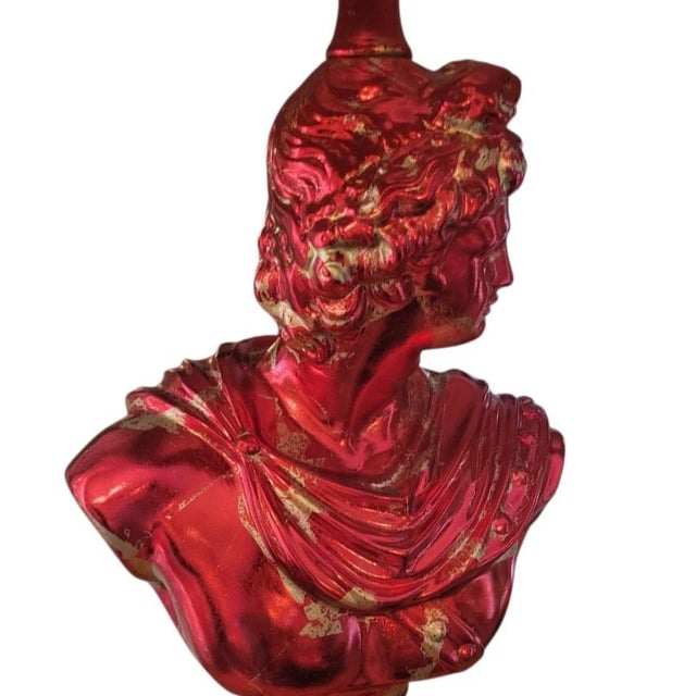 Red 1990s Custom Finished Red, Gold Leaf Greek Goddess Black Shade Greek Key Trim Tall Table Lamps Tony Duquette Style - a Pair For Sale - Image 8 of 15