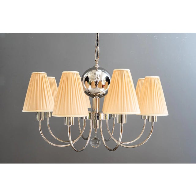 Art Deco nickel-plated chandelier with fabric shades vienna around 1920s The shades are replaced ( new ) Up to 250V...