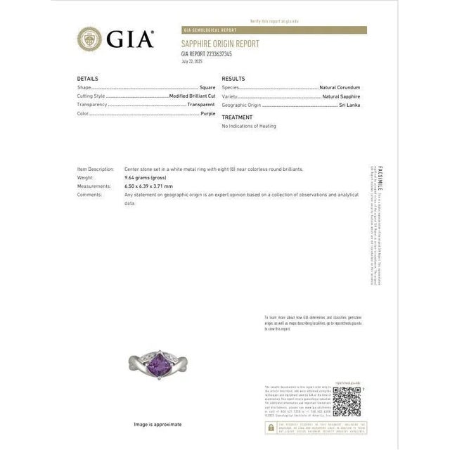 Metal 1.51 Carat No-Heat Purple Sapphire Diamond Platinum Ring, Gia Certified, Size 6.75 For Sale - Image 7 of 8