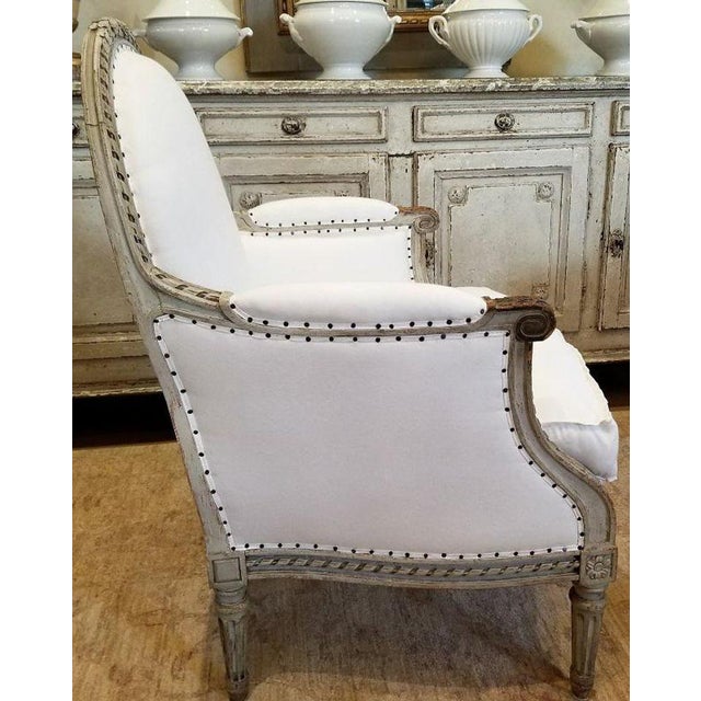French Large Pair of 19th C Louis XVI Armchairs For Sale - Image 3 of 11