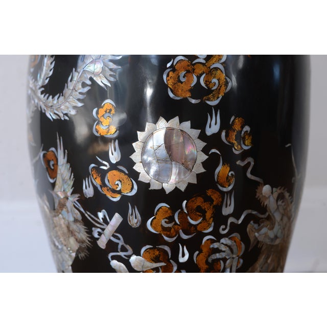 Large Vintage 1960s Vietnamese Black Lacquer & Mother of Pearl Floor Vases - A Pair For Sale - Image 13 of 15