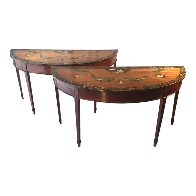 1920s Americana Satin Wood Handpainted Tables - a Pair For Sale
