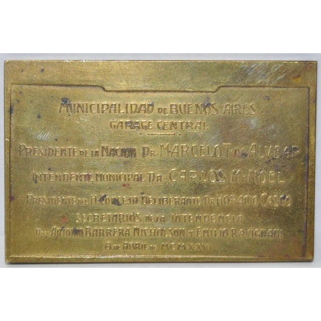 Opening of the Central Municipal Garage of Buenos Aires Bronze Plaque c.1926 Fine bronze showing vehicles outside the...