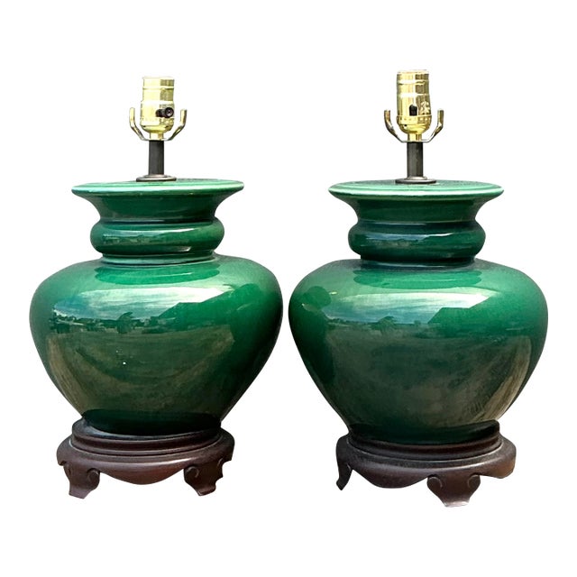 Vintage Glazed Ceramic Lamps - A Pair For Sale