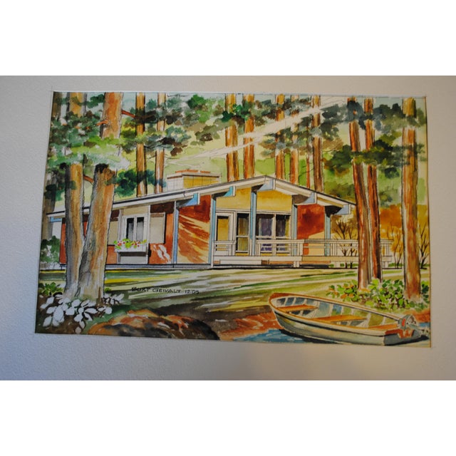 Paint Mid-Century Modern Architectural Rendering McGregor Lake House - Watercolor For Sale - Image 7 of 8