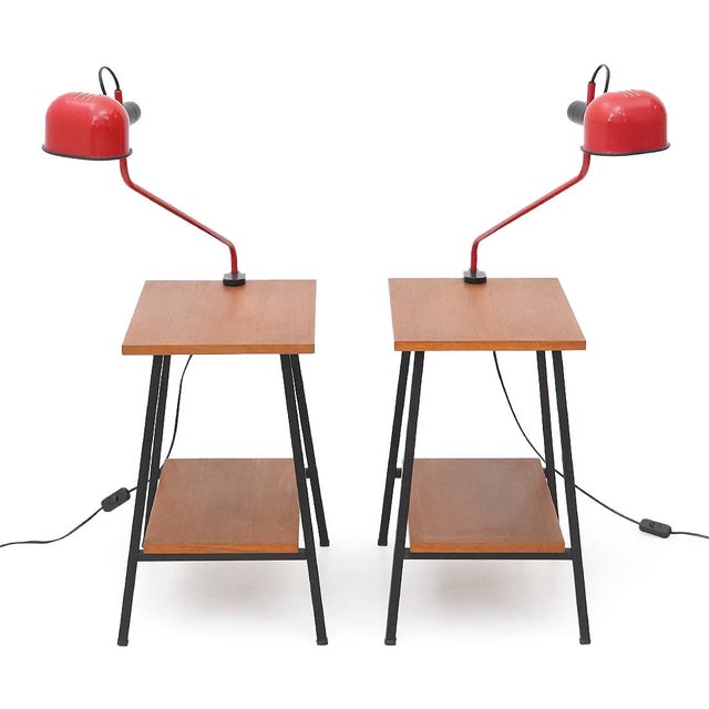 Red metal clamp lamp produced by Fabbian in the 1980s. The long angled arm offers wide reach over the work surface, and...