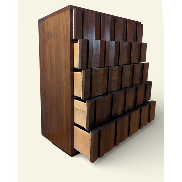 Lane Brutalist Highboy Dresser / Tall Chest — Walnut — C. 1973 For Sale - Image 6 of 17