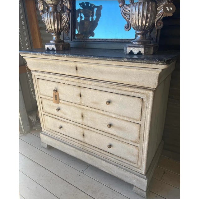 Lovely 19th C French Louis Philippe marble top commode. This piece is classic in design, and features a hand painted cream...