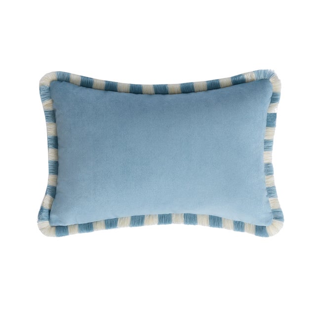 Couple Bicolor Happy Cushions White and Light Blue Velvet from Lo Decor, Set of 2 For Sale - Image 4 of 6