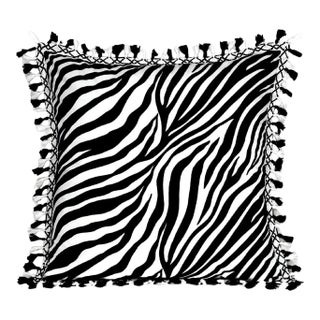 Contemporary Scalamandre-Style Zebra Print Velvet Double- Sided Pillow Cover With Bicolor Fringe and Trim For Sale