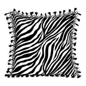 Contemporary Scalamandre-Style Zebra Print Velvet Double- Sided Pillow Cover With Bicolor Fringe and Trim