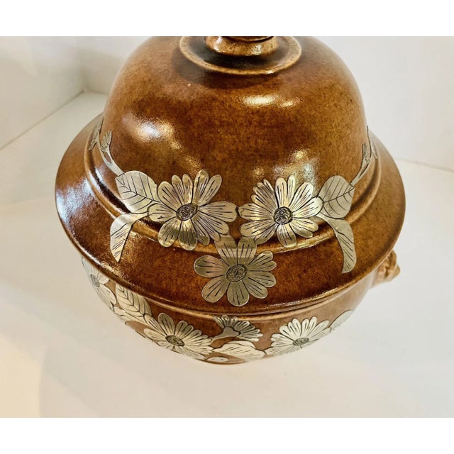 Mid Century Pottery Urn With Metal Accents For Sale - Image 4 of 8