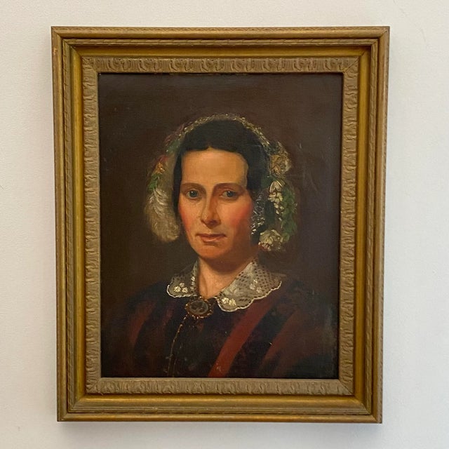 Antique 19th Century American Folk Portrait of Woman in Lace Cap, Original Oil on Canvas For Sale - Image 12 of 12