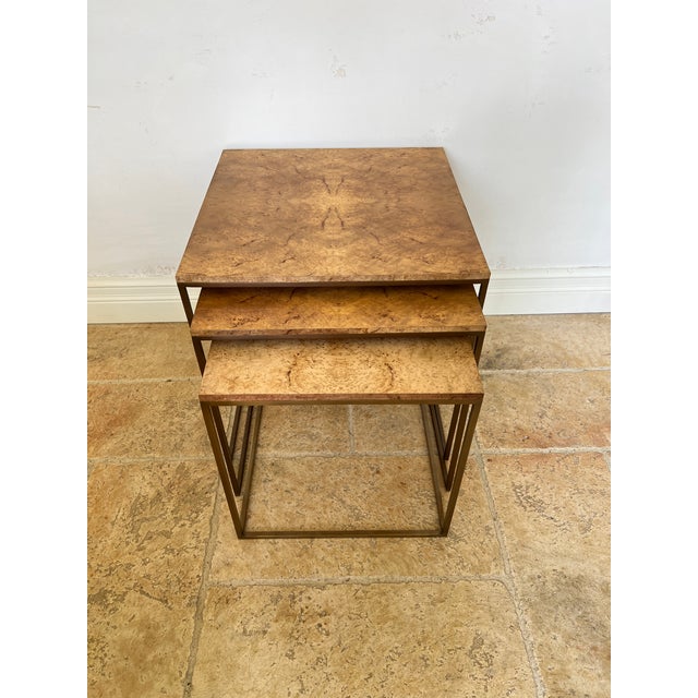 Late 20th Century Late 20th Century Burlwood/Brass Nesting Tables - Set of 3 For Sale - Image 5 of 13