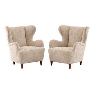 Fabric and Wood Lounge Chairs, 1950s, Set of 2 For Sale