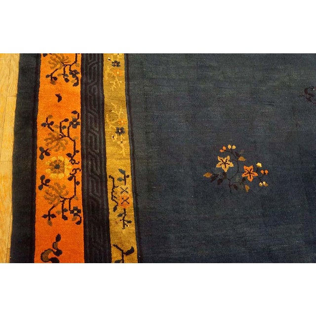 Navy Blue 1920s Classic Greek Key Floral Deco Antique Chinese Peking Knotted Wool Rug For Sale - Image 8 of 9