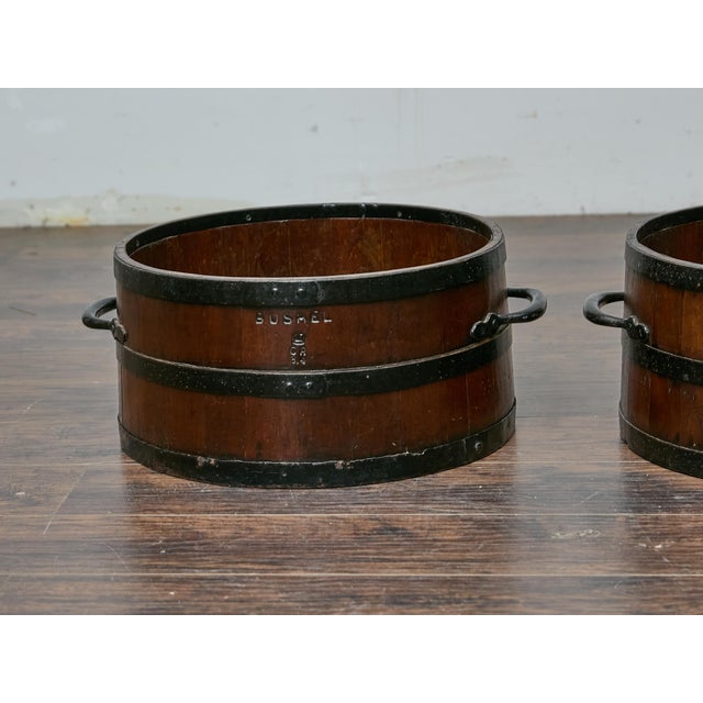 Pair of Antique English Bushel Measures with Iron Bands, Rustic Decor For Sale - Image 10 of 11