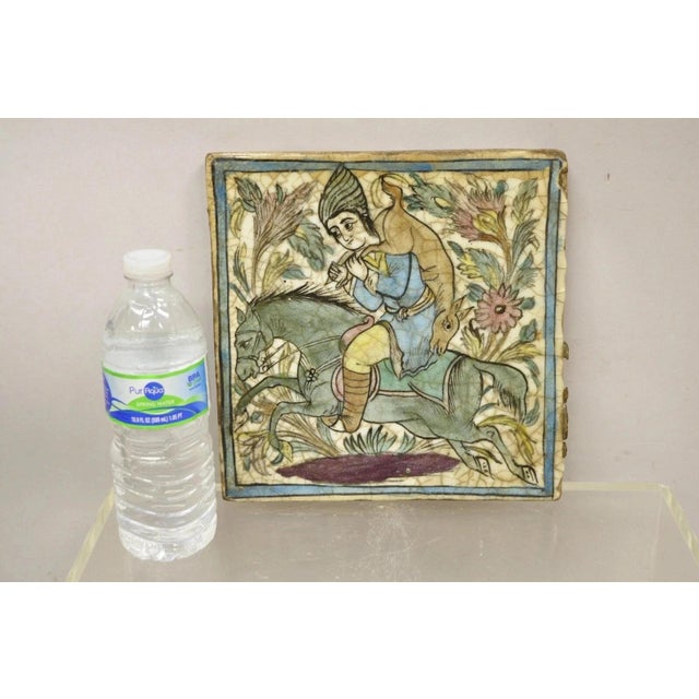 Antique Persian Iznik Qajar Style Ceramic Pottery Square Tile Hunter & Horse C4. Item features original crackle glazed...