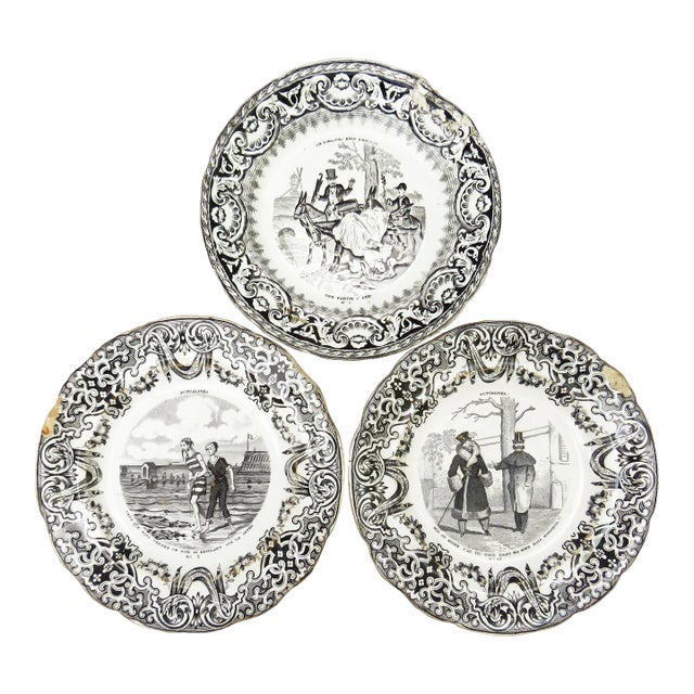 19th C. Gien French Black & White Transferware Plates, Set of 3 For Sale