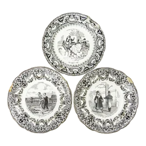 19th C. Gien French Black & White Transferware Plates, Set of 3