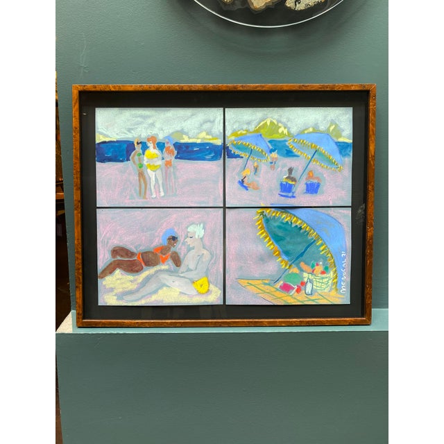 Original pastel and watercolor quadryptich on paper by Happy Menocal . In beautiful burled wood shadowbox frame. From The...