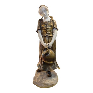 Large Art Deco Bronze and Carved Marble Sculpture of a Water Carrier by Dominique Alonzo (58 Cm) For Sale
