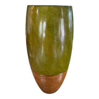 Vintage Hand-Turned Solid Wood Olive Green Sculptural Vase With Ribbed Base – Organic Modern, 14”h For Sale