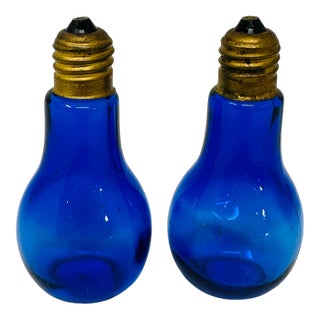 1970's Petite Cobalt Blue Lightbulb Salt and Pepper Shakers | Mid Century Blue Glass Kitchen Decor | Retro Novelty Gift For Sale