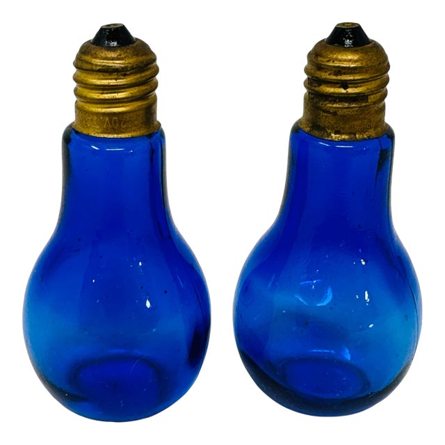 1970's Petite Cobalt Blue Lightbulb Salt and Pepper Shakers | Mid Century Blue Glass Kitchen Decor | Retro Novelty Gift For Sale