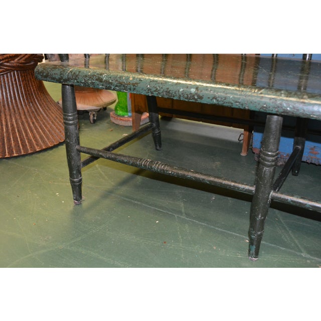 1960s Shabby Green Wood Long Deacon's Bench With Arms & Custom Cushion