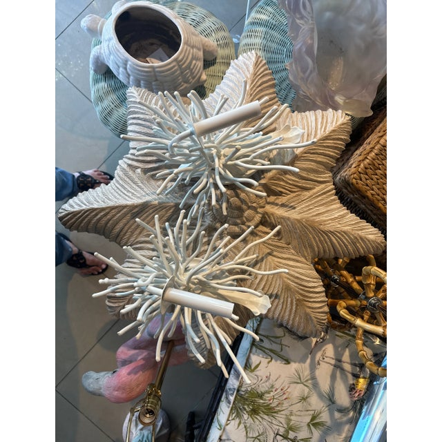 Vintage pair of metal tole coral wall light sconces. Newly powder-coated in a satin white. Newly wired with new hardware....