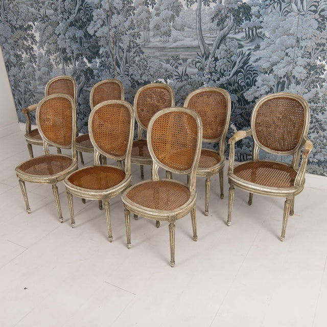 Set of Eight 19th C. French Louis XVI Oval Back Cane Chairs in Original Paint For Sale - Image 4 of 18