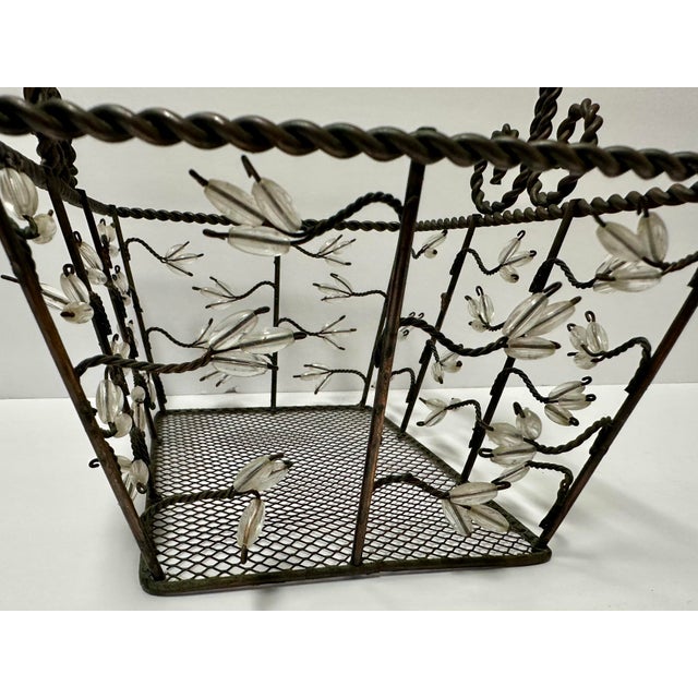 Metal Vintage Late 20th Century Aged Iron and Acrylic Leaf Accent Basket With Handle For Sale - Image 7 of 12