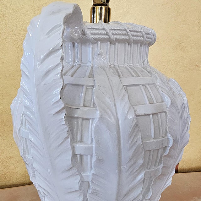 Vintage Paul Hanson Style White Ceramic Urn Table Lamp With Raised Botanical Relief Design For Sale - Image 11 of 18