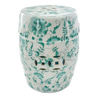 Vintage Green Floral Porcelain Garden Stool For Sale