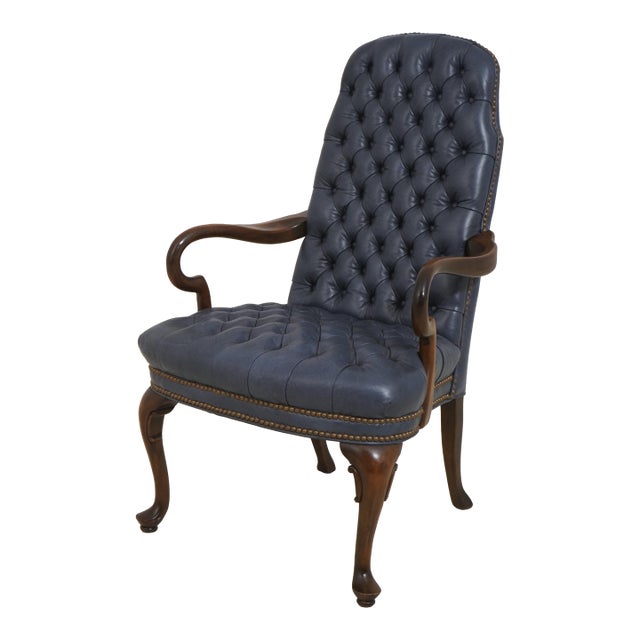 Ethan Allen Blue Tufted Queen Anne Armchair For Sale