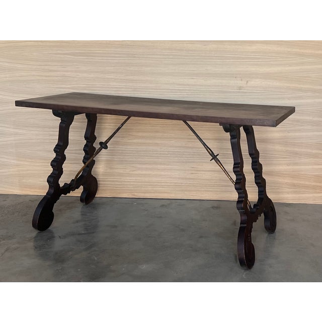 19th Walnut Console Table With Lyre Legs and Heavy Top, Spain For Sale - Image 4 of 12