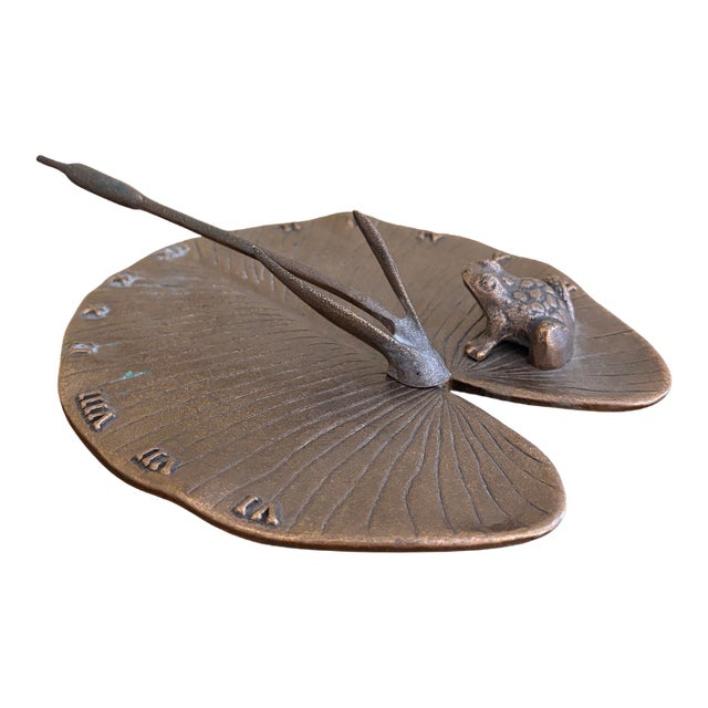 Vintage English Country Iron Garden Sundial With Frog on a Lily Pad For Sale