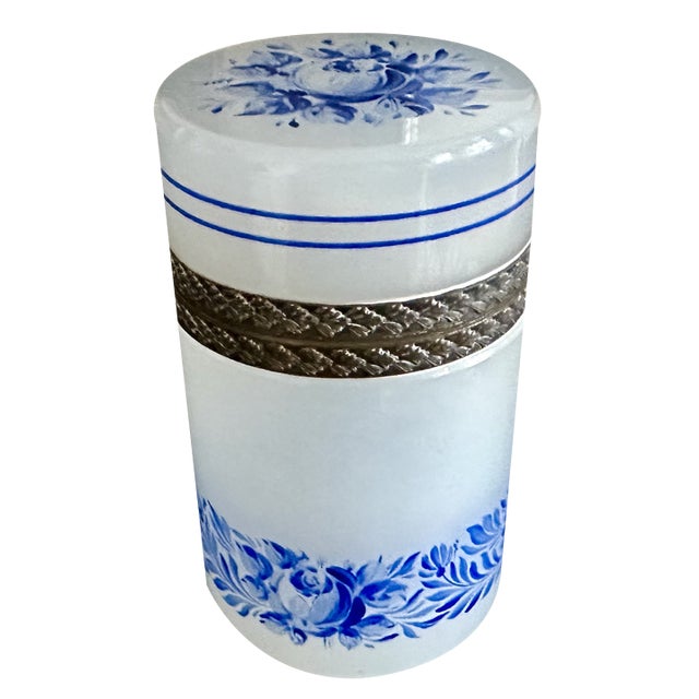 Light Grey Opaline Glass Box with Blue Floral Enamel Decoration, 1890s For Sale