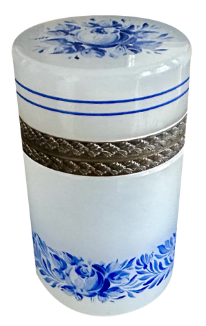 Light Grey Opaline Glass Box with Blue Floral Enamel Decoration, 1890s