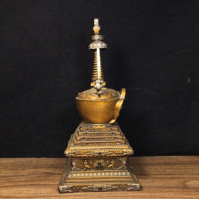 Metal Vintage Tibetan Gilt Bronze Stupa - Buddhist Reliquary Pagoda With Gemstone Inlay For Sale - Image 7 of 9