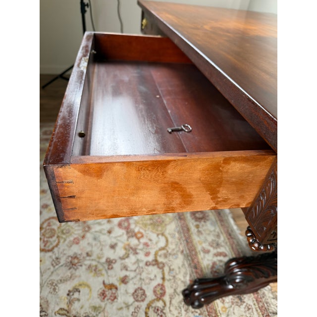 New York Classical Revival Carved Mahogany Double-Pedestal Library Table, Labeled Ernest F. Hagen, Circa 1890–1925 For Sale - Image 10 of 13